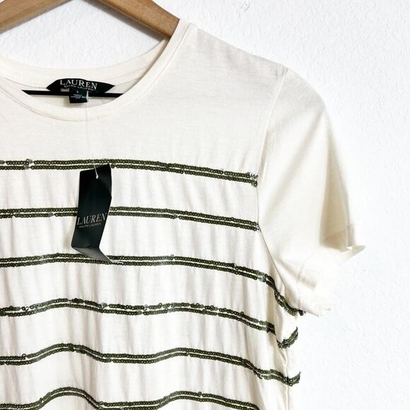 LAUREN RALPH LAUREN CREAM GREEN SEQUIN WOMEN SHORT SLEEVE TOP BRAND NEW - Picture 3 of 6
